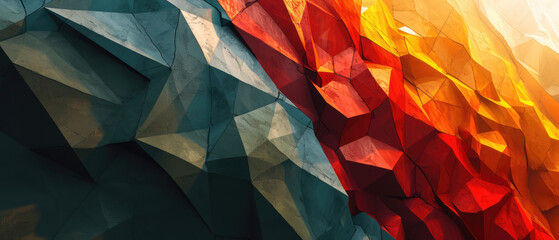 Poster - Fractal wall of cool blue and fiery red merge in a tranquil yet dynamic abstract design.