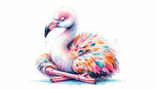 Watercolor Illustration Of Pink Flamingo Meditating In Yoga Lotus Position. Cute And Funny Illustration	