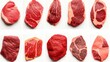 Assorted raw steaks collection with different cuts, top view, isolated on white background