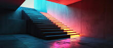 Neon-lit Stairs In A 3D Abstract Setting, Offering A Vibrant Contrast Of Red And Blue.