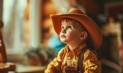 Poster - A young boy wearing a cowboy hat. Generative AI.