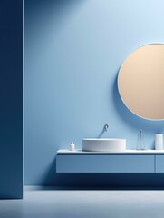 Wall Mural - A blue bathroom with a round mirror and sink. Generative AI.