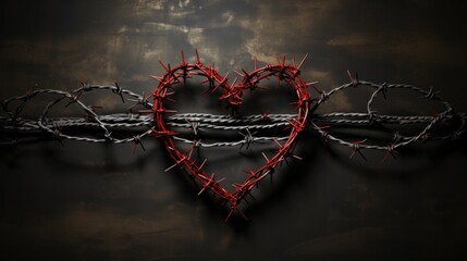 A heart shaped barbed wire with a red ribbon tied to it, AI