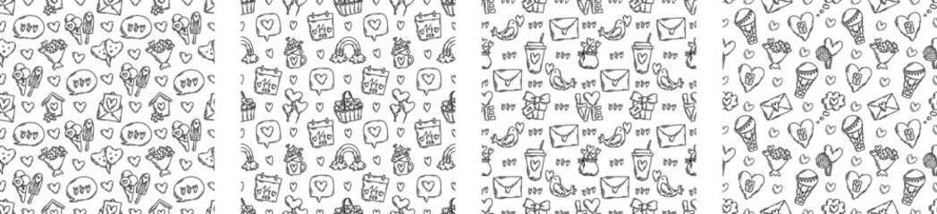 Wall Mural - The love theme doodle style seamless pattern in black and white, Valentines Day hand-drawn icons with a simple engraving retro effect. Romantic mood, cute symbols and elements backgrounds collection.