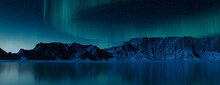Majestic Sky With Aurora And Stars. Blue Northern Lights Banner With Copy-space.