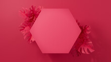 Monstera Plant Border Forms Pink, Modern Background. Hexagon Botanical Frame With Copy-space.