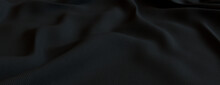 Black Textile With Ripples And Folds. Luxury Surface Background.