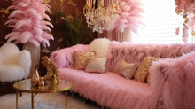 Luxury Christmas Decorations with Ostrich Feathers and Couch. Pastel Pink and Gold Seasonal Background.