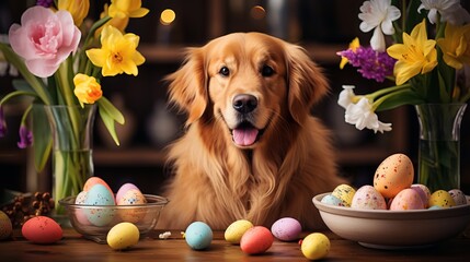 Wall Mural - Cheerful easter pet portrait with playful pet in festive attire, illuminated by warm light