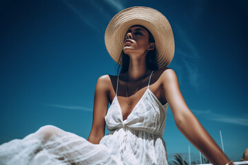 Beautiful spectacular young woman model in a white dress and hat against a bright blue sky on a sunny day. 