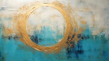 Aqua Blue Abstract Painting With A Gold And Blue Ring,, Copy Space, 16:9