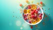 aerial view, Breakfast cereal in a cereal bowl, food fotography, copy space, 16:9