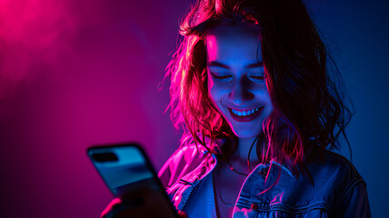 Happy young pretty girl with cellphone on dark background in purple neon light. 