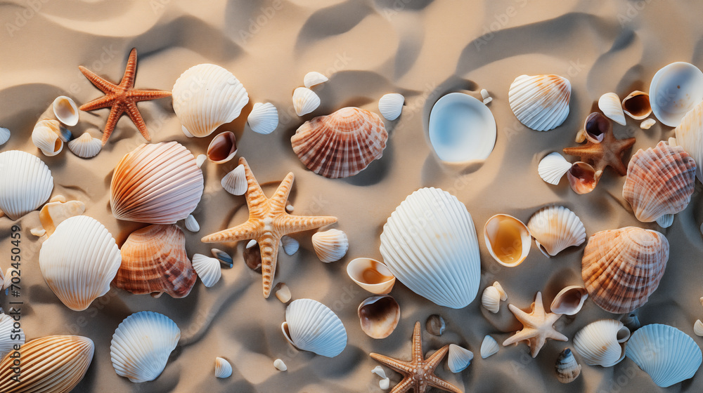 Seabed with different seashells and sea stars, top view
