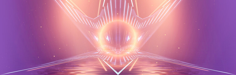 Wall Mural - Abstract futuristic neon landscape with palm trees. 3D illustration