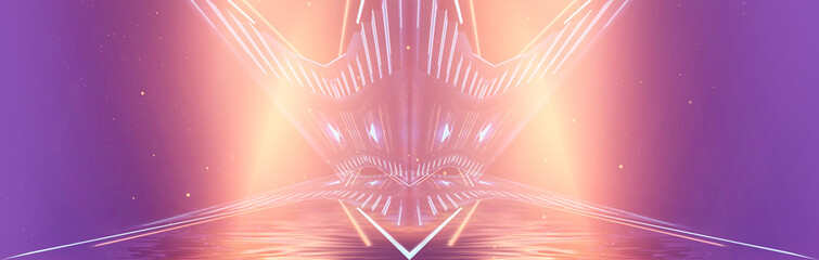 Wall Mural - Abstract futuristic neon landscape with palm trees. 3D illustration