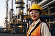 Smiling Asian female engineer wearing safety helmet and vest in an industrial plant