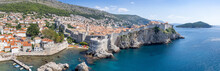 Overlooking The Medieval City Of Dubrovnik With Its Fortification, Dalmatia, Croatia. Stitched Panoramic Image