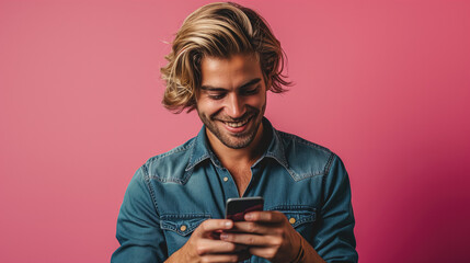 Wall Mural - A handsome blonde man is looking at a smartphone screen. Pink monochrome studio background.