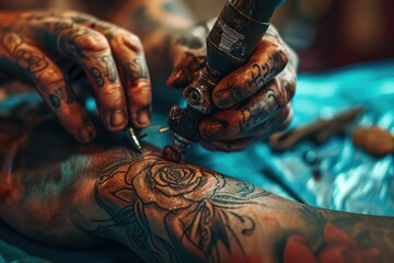 A tattoo artist's hands at work, the buzz of the machine and the steady hand a fusion of art and permanence etched into the skin.