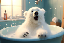 Cartoon Polar Bear Is Bathing In White Bathroom	