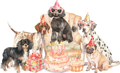Aufkleber - Birthday dogs illustration created with Generative AI technology