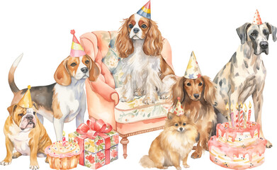Aufkleber - Birthday dogs illustration created with Generative AI technology