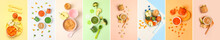 Collage Of Healthy Baby Food On Color Background