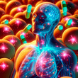 Human interacts with cells, capsules at micro-level. Colors: blue, orange, green. Silhouette shows visible nervous system. Capsules may symbolize meds/supplements. Pink sparks add magical touch.