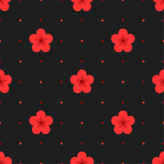 Wall Mural - Red stylized flowers on black dotted background. Vector seamless pattern. Best for textile, wallpapers, home decoration, wrapping paper, package and your design.