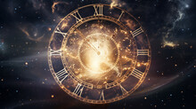 Ancient Time Deity Resembling Chronos, In A Realm Of Clocks And Hourglasses, With A Cosmic Backdrop, Under A Sky With Shooting Stars