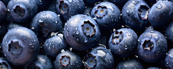 Poster - Fresh wet bilberry or blueberry fruits with water drops, closeup macro detail, wide banner. Generative AI