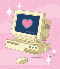 Wall Mural - y2k retro computer monitor, dimensional drawing of vintage pc screen with heart and text greeting, v