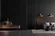 Modern living room interior in dark colors. Design dark sofa, table and decor. Generative AI