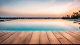 Fototapeta Natura - Empty wood table with view of pool with copy space