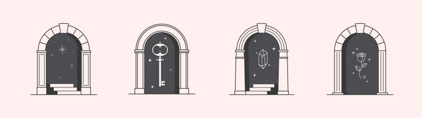Wall Mural - Vector mystic logo design templates with portals,steps,magic flower,stars,gem and key.Surreal abstract illustrations in trendy minimal outline style.Celestial emblems.Branding design templates.