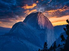Half Dome, Granite Mountain, Round Shapes, Sunset Summit, Dramatic Evening Sky, Yosemite Valley, California, USA, North America