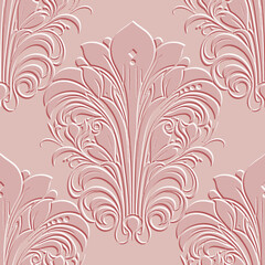 Wall Mural - 3d emboss Vintage art nouveau floral seamless pattern. Vector ornamental Damask Baroque old style textured surface background with embossed vintage flowers, leaves, ornaments. Relief grunge texture