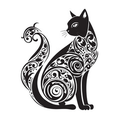 Wall Mural - Beautiful black ornamental cat silhouette pattern. Modern vector white background with patterned black cat. Intricate vintage ornaments. Decorative ornate trendy isolated pet design. Logo. Element