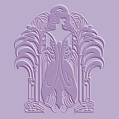 Wall Mural - 3d emboss beautiful woman silhouette with vintage flowers in art nouveau style. Vector textured surface violet background. Old retro antique style relief ornaments. Element. Embossed grunge texture