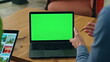 © stockbusters - Man gesturing hands chromakey laptop chat indoors. Agents offering on tablet