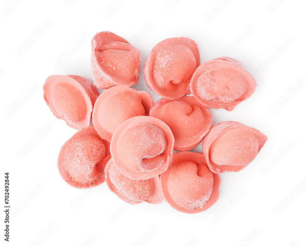 Pink raw dumplings on white background