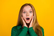 © deagreez - Portrait of impressed shocked young lady open mouth arms touch cheeks isolated on yellow color background