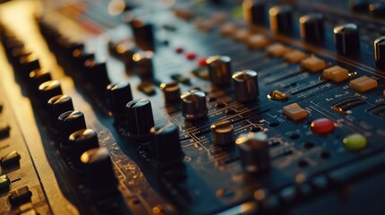 Wall Mural - A close up view of a control board featuring numerous knobs. Ideal for illustrating technology, electronics, and industrial concepts