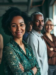 Wall Mural - Smiling team of diverse businesspeople standing together in an office. generative AI