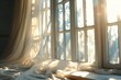 © SEUNGJIN - wind blows through the open window in the room. Waving white tulle near the window. Morning sun lighting the room, shadow background overlays. generative ai.