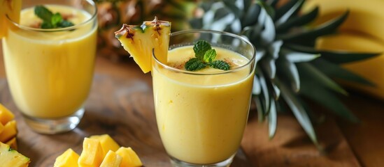 Poster - Fresh detox breakfast drink: Mango smoothie with pineapple and banana, served in glasses.