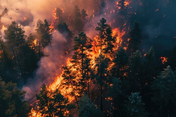 Wall Mural - A fire is burning through the trees in the woods. This image can be used to illustrate the destructive power of wildfires and the importance of fire safety