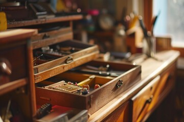 Wall Mural - A desk with a drawer full of tools. Perfect for DIY projects and home repairs