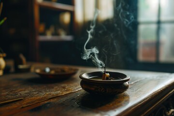 Wall Mural - A wooden table with a bowl of incense. Perfect for creating a calming and aromatic atmosphere